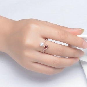 Natural White Pearl & Red Garnet Ring In Rose Gold