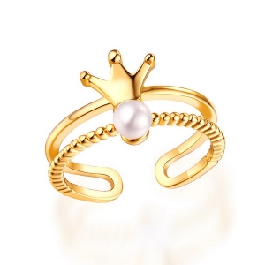 Elegant Crown Ring With Freshwater Pearl Gold Plated Silver Gift for Her
