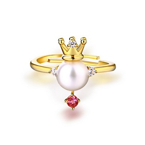Pearl Crown Ring With Natural Powder Tourmaline Gold Plated Silver Gift for Her