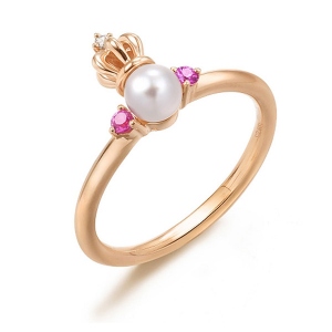 Pearl Crown Ring With Red Corundum Gold Plated Silver Gift for Her