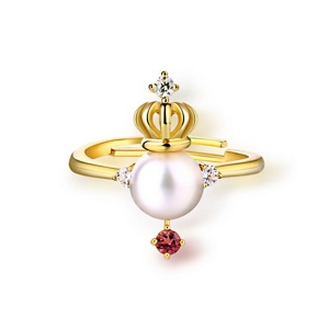 Freshwater Pearl Crown Ring With Natural Pink Tourmaline Gold Plated Silver Gift for Her