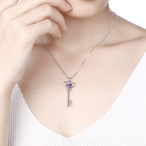 Heart Key Necklace With Natural Amethyst