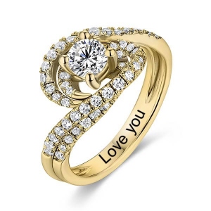 Gravierter Wirbel Versprechungsring mit rundem Edelstein in 10k/14k Gold