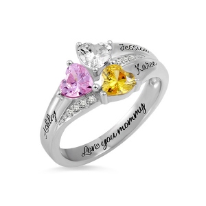 Custom Heart Birthstone Engraved Names Ring Sterling Silver
