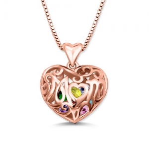 Custom Heart Cage Birthstone Necklace In Rose Gold