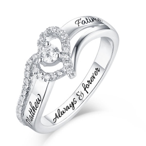 Engraved Heart Shaped Cubic Zirconia Sterling Silver Ring