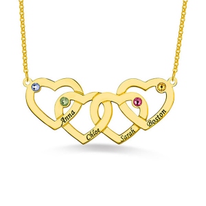 Herzhalskette mit Vier Namen und Geburtssteinen in Gold