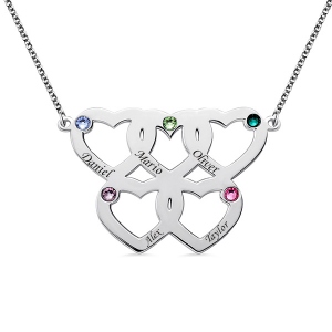 Gravierte Halskette mit fünf Herzen Geburtssteine in Sterling Silber