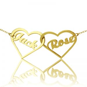 Collar de corazón doble con nombre de la pareja bañado en oro de 18 quilates