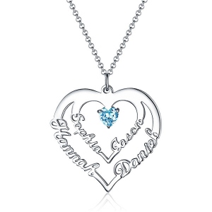 Personalisierte Herzkette mit 4 Namen und Geburtssteinen in Sterling Silber