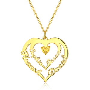 Personalisierte Herzkette mit 4 Namen und Geburtssteinen in Gold