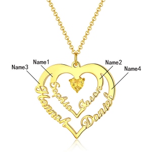 Personalized Heart Necklace with 4 Names & Birthstones in Gold