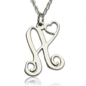 One Initial With Heart Monogram Necklace Solid White Gold