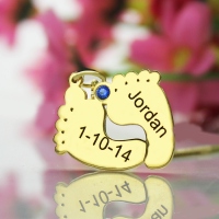 Birthstone Baby Feet Charms Necklace with Date & Name Gold