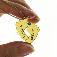 Birthstone Baby Feet Charms Necklace with Date & Name Gold