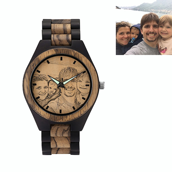 Personalisierte Fotouhr aus Zebra- und Ebenholz