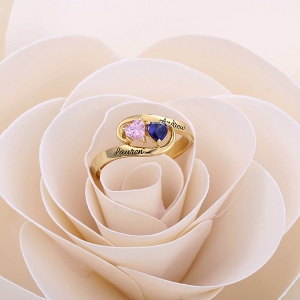 Engraved Two Heart Birthstones Promise Ring In Gold
