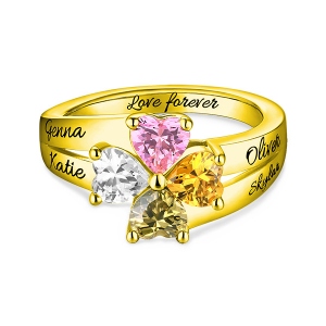 Engraved Mother's Love and Luck Birthstones Ring In Gold