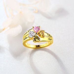 Engraved Mother's Love and Luck Birthstones Ring In Gold