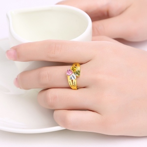 Engraved Mother's Love and Luck Birthstones Ring In Gold