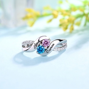 Double Birthstones Promise Ring Personalized for Love in Sterling Silver
