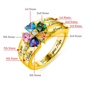 Engraved  5 Heart-Shaped Birthstones Ring In Gold