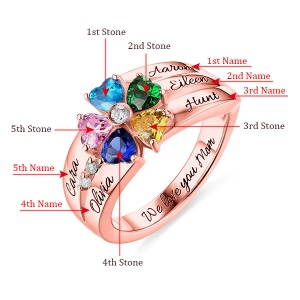 Engraved  5 Heart-Shaped Birthstones Ring In Rose Gold