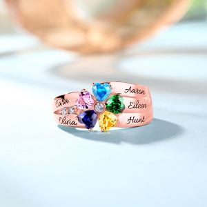 Engraved  5 Heart-Shaped Birthstones Ring In Rose Gold