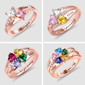 Personalisierte Herz- Geburtsstein Ring mit Gravur in Rosa Gold