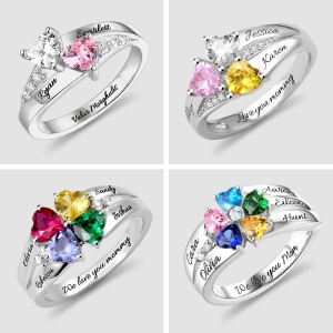 Engraved Heart Birthstone Ring for Mother