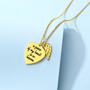 Personalized Memorial Heart Necklace with Angel wing Sterling Silver in Gold