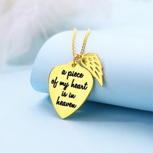 Personalized Memorial Heart Necklace with Angel wing Sterling Silver in Gold