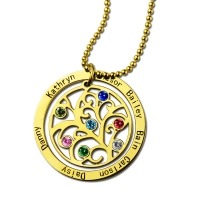 Round Family Tree with 7 Birthstones & Names Necklace In Gold