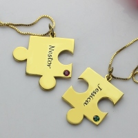 Matching Puzzle Necklace for Couple With Name & Birthstone Gold Plate