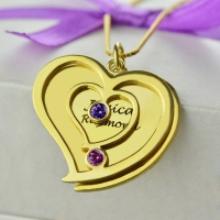His & Her Birthstone Heart Name Necklace 18k Gold Plated