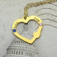 18k Gold Open Heart Necklace with Double Names & Birthstones