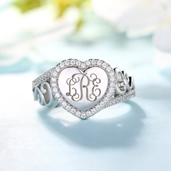 Heart Ring Engraved With CZ Monogram Heart Ring Engraved With CZ Monogram