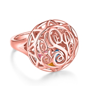 Monogram Cage Ring With Heart Birthstones In Rose Gold