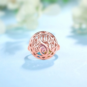 Monogram Cage Ring With Heart Birthstones In Rose Gold